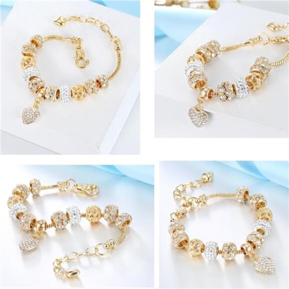 2 Pack Charm Bracelets Pink and Gold Heart Silver Plated Charm Bracelet, - Picture 6 of 7